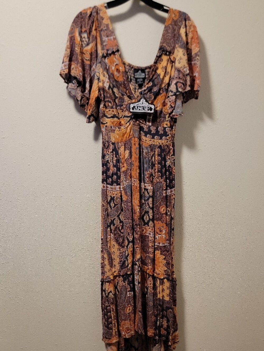 Angie Patchwork Paisley Maxi Dress in Rust and Navy Sz L 100% RAYON - Picture 11 of 12